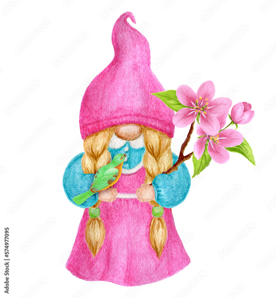 Gnome with spring flowers and bird. Watercolor drawing. Garden girl gnome clipart isolated on white background.