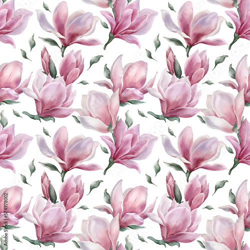 Seamless floral pattern with magnolia hand-drawn painted in a watercolor style on a transparent background. The seamless pattern can be used on a variety of surfaces  wallpaper  textiles or packaging.