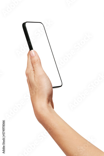 Close-up of woman hand holding modern smartphone iphone mockup. New modern black frameless smartphone mockup with blank white screen. Isolated on white background high-quality studio shot, Modern smar photo