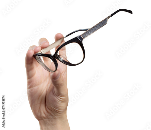 Hand holding black glasses, cut out