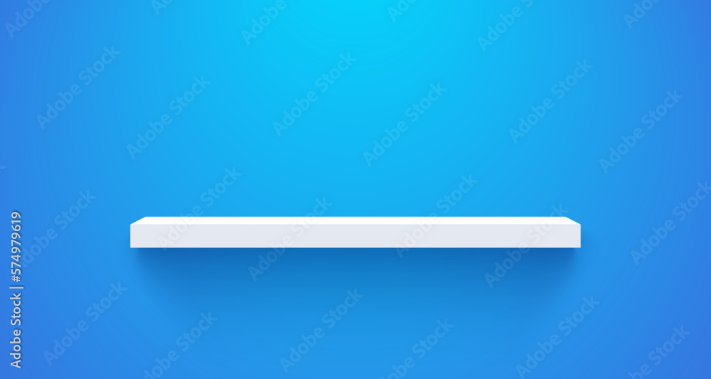 Realistic white shelf on blue background. Wall empty shelf with shadow. Template design for modern interior wall furniture. Empty bookshelf. 3d vector illustration Realistic white shelf on blue background. Wall empty shelf with shadow. Template design for modern interior wall furniture. Empty bookshelf. 3d vector illustration