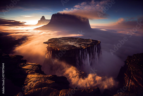 Beautiful landscape in the imagine world of high mountains and waterfall and sunset or sunrise with sea of fog, above the cloud and flowing of the mist. 3D Rendering graphic ,illustration drawing photo