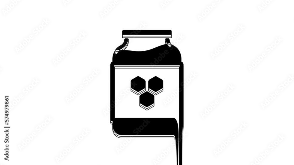 Black Jar of honey icon isolated on white background. Food bank. Sweet natural food symbol. 4K Video motion graphic animation Black Jar of honey icon isolated on white background. Food bank. Sweet natural food symbol. 4K Video motion graphic animation
