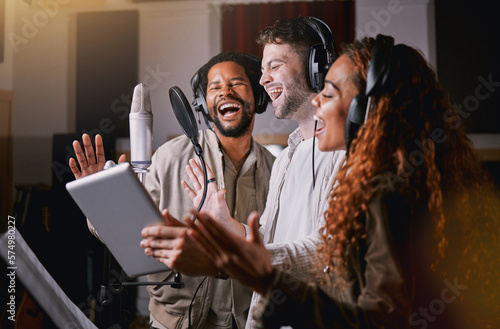 Canvastavla Team, people in recording studio singing and mic, sound equipment with music and artist, diversity and collaboration