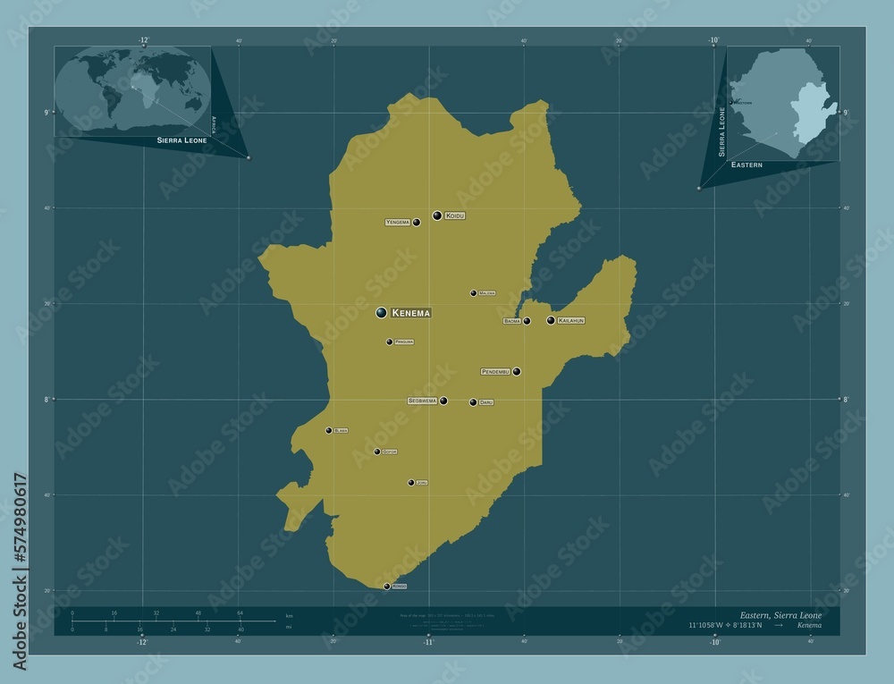Eastern, Sierra Leone. Solid. Labelled points of cities Eastern, Sierra Leone. Solid. Labelled points of cities