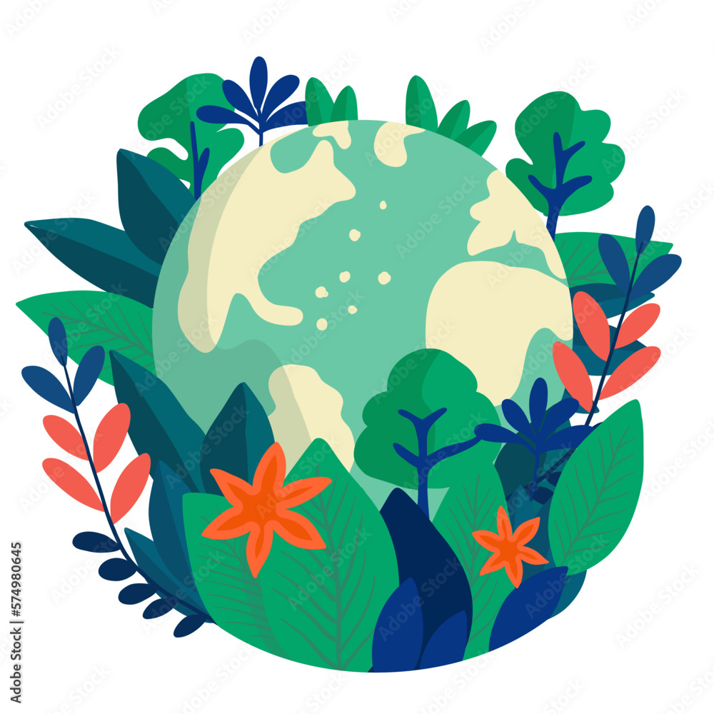 Obraz premium World environment day. Earth day. Sustainable lifestyle and climate change problem concept.. Earth globe with leaves, trees and flowers. Concept design for banner, poster, greeting card. 