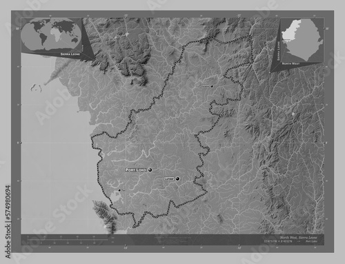 North West, Sierra Leone. Grayscale. Labelled points of cities photo