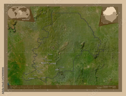 Northern, Sierra Leone. Low-res satellite. Labelled points of cities photo