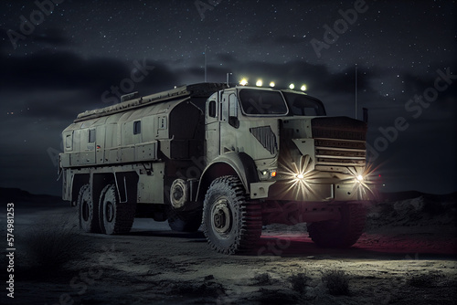 War Concept. Military silhouettes fighting scene on war fog sky background  World War truck Silhouettes Below Skyline At night. Armored vehicles