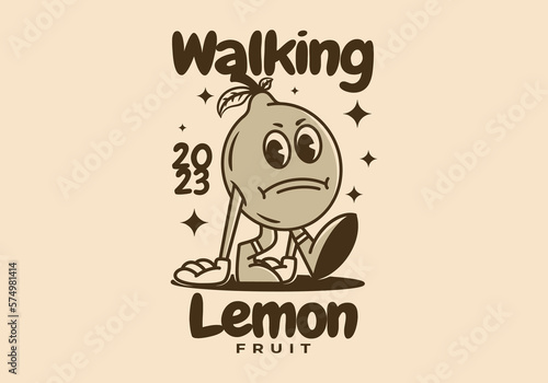 Mascot character of walking lemon with sad face