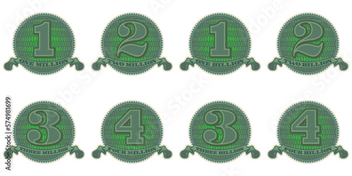 Vector set of round icons with ribbon. Stickers or badges. Financial seals in denominations from 1 to 4 million and a billion. Green chips or tokens on a white isolated background.