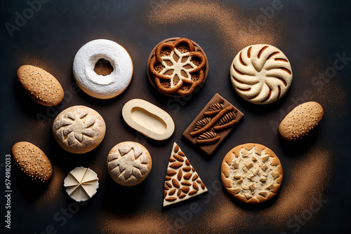 Different fresh and tasty bakery products. Top view home made buns and cookies. Pastry food collection. Flat lay composition. AI generative image.