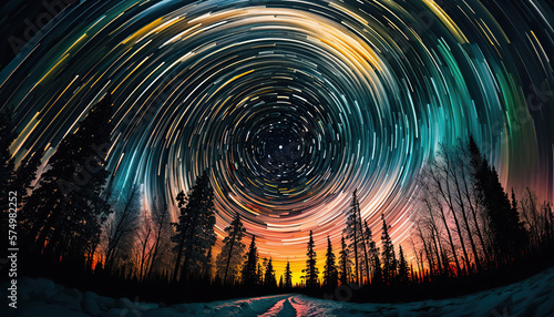 Stunning star trails motion time-lapse night sky with forest silhouette landscape. Beautiful nature astro background. AI generative image.