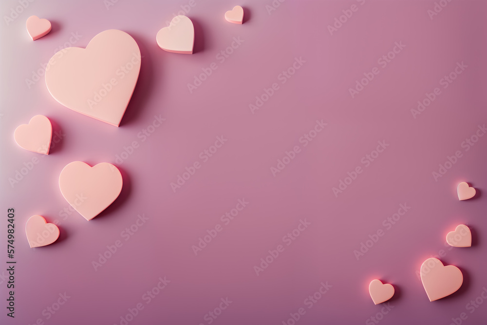 Pink hearts over pink paper background. Greeting card. Flat lay, top view. Generative AI