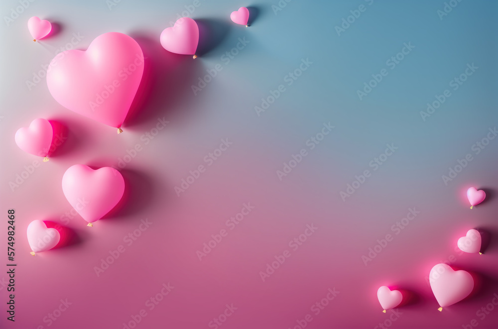 Pink heart balloons over pink background. Greeting card.Happy birthday. Love background. Pastel palette. Generative AI