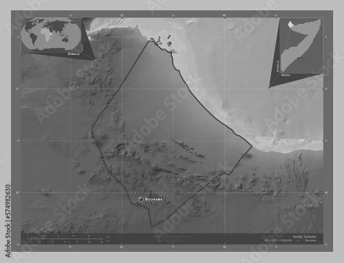 Awdal, Somalia. Grayscale. Labelled points of cities photo