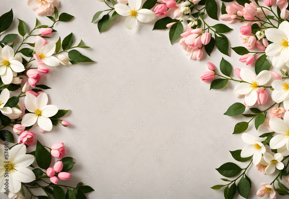 Beautiful flower frame composition with space for text. Garden flowers on white background. Valentine's Day, Easter, Birthday, Happy Women's Day, Mother's Day. Generative AI Beautiful flower frame composition with space for text. Garden flowers on white background. Valentine's Day, Easter, Birthday, Happy Women's Day, Mother's Day. Generative AI