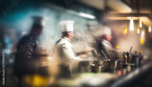 Long exposure with blurred motion chefs working at the professional restaurant kitchen, cooking food. AI generative image.
