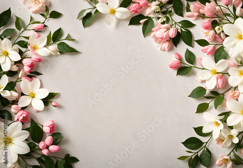 Beautiful flower frame composition with space for text. Garden flowers on white background. Valentine's Day, Easter, Birthday, Happy Women's Day, Mother's Day. Generative AI