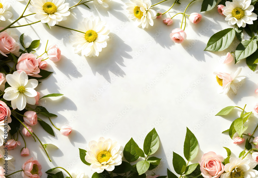 Beautiful flower frame composition with space for text. Garden flowers