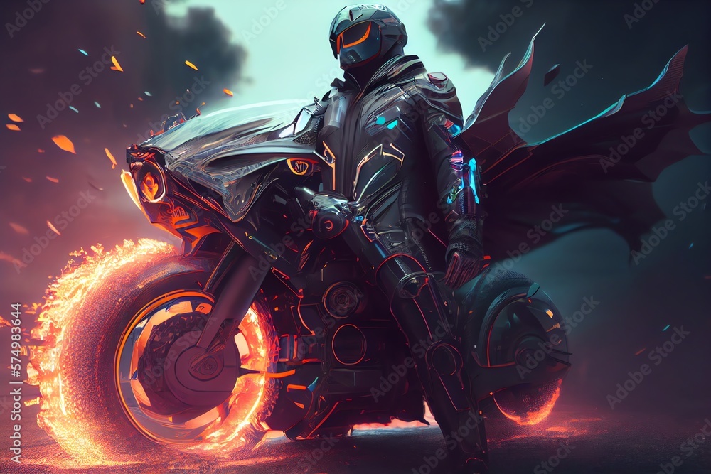 Futuristic Biker With His Motorcycle. Generative AI