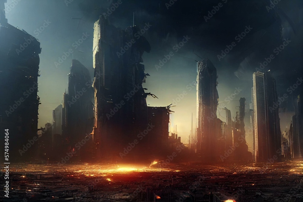 Digital illustration of sci-fi futuristic city in ruins. Large ...