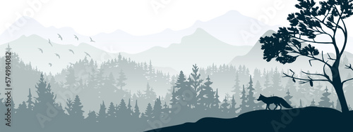 Horizontal banner. Silhouette of fox standing on hill. Mountains and forest in the background. Magical misty landscape, trees, animal. Gray illustration, banner. 