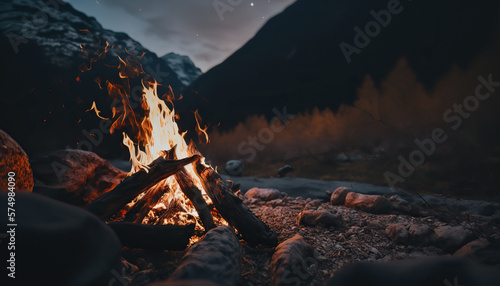 Close up campfire with bright flame. Stunning scenery mountains landscape. Outdoor background. AI generative image.
