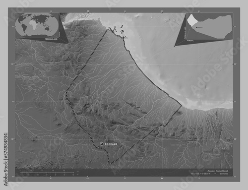 Awdal, Somaliland. Grayscale. Labelled points of cities photo