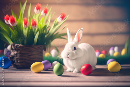 Easter white rabbit with multicolored painted eggs. Springtime flowers on the background. Horizontal greeting card with copy space. AI generative image.