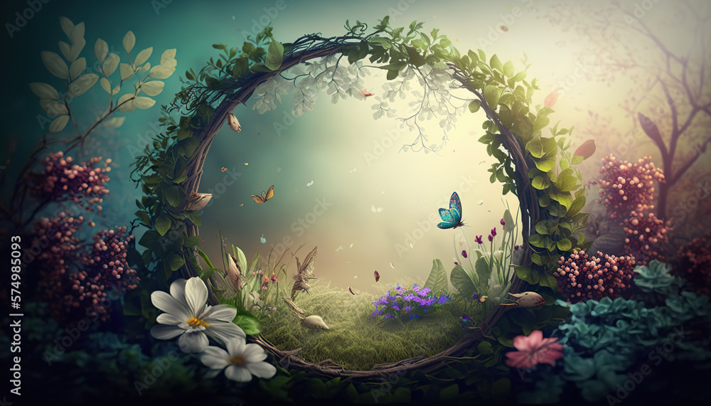 Obraz premium Beautiful enchanted landscape. Fantasy garden background. Magic meadow with spring blooming trees. Round frame with copy space in the middle. Fairy tale banner. AI generative image.