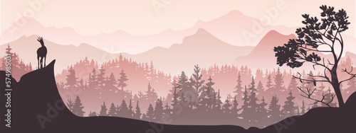 Horizontal banner. A chamois stands on top of hill with mountains and forest in background. Silhouette with pink and violet background. Illustration. Magic misty landscape.