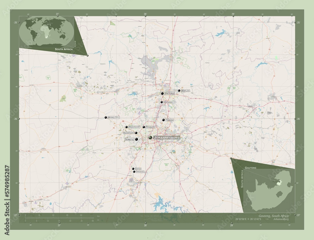 Naklejka premium Gauteng, South Africa. OSM. Labelled points of cities