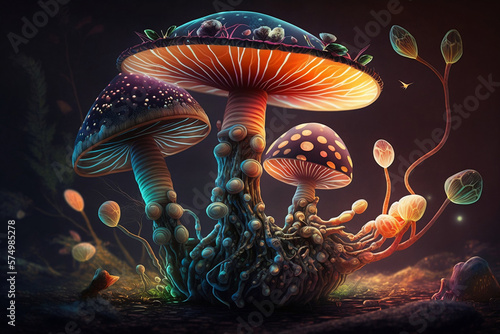 Generative AI of psychedelic mushrooms in bright and intense colors.