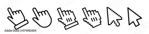 Cursor hand and mouse arrows icon set. Compute cursors click for app and web sites. Pixel pointer isolated. Stock vector elements.