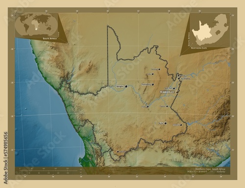 Northern Cape, South Africa. Physical. Labelled points of cities photo