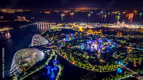 Gardens by the Bay, giant illuminated artificial trees, aerial view in Singapore