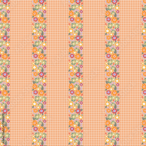 Seamless pattern of multicolored flowers on a light brown background in a cage. Cute floral aesthetic composition for wallpaper, print, poster, postcard, phone cases, banner, fabric, textiles.