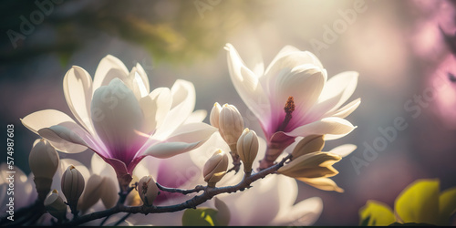Beautiful horizontal spring banner with blooming magnolia branches. Big flowers. Selective focus. Springtime outdoor background. Ai generative image.