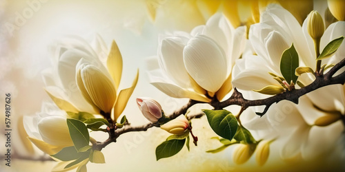 Beautiful horizontal spring banner with blooming magnolia branches. Big flowers. Selective focus. Springtime outdoor background. Ai generative image.