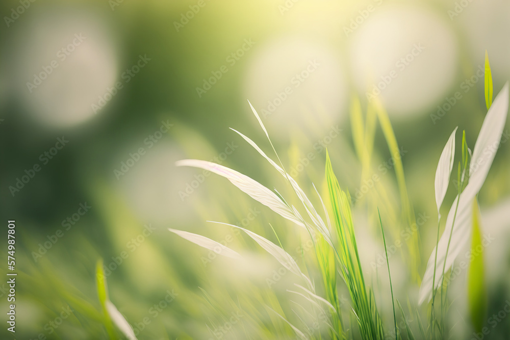 Close up selective focus sunny spring nature background with copy space. Blurry organic green landscape with bokeh, Bright fresh grass backdrop with place for text. AI generative image.