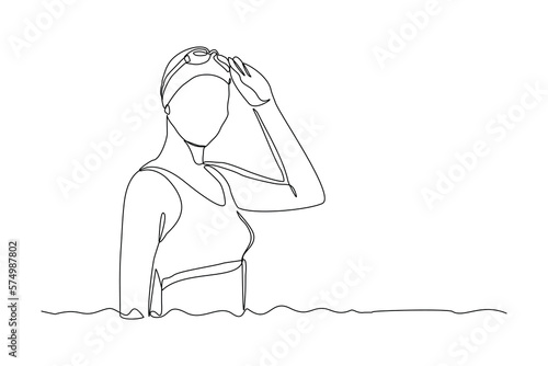Continuous single one line drawing art of swimming athlete woman portrait close up. Vector illustration of healthy sport lifestyle