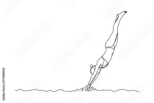 Continuous single one line drawing art of swimming athlete woman jumping to start swim competition. Vector illustration of healthy sport lifestyle