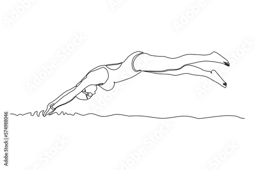 Continuous single one line drawing art of swimming athlete woman jumping to start swim competition. Vector illustration of healthy sport lifestyle