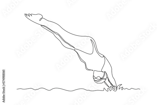 Continuous single one line drawing art of swimming athlete woman jumping to start swim competition. Vector illustration of healthy sport lifestyle