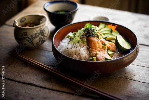 Japanese meal on the table. Sushy of salmon or shrimp with rice and a traditional Oriental drink. Generative AI