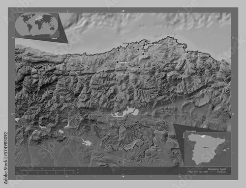 Cantabria, Spain. Grayscale. Labelled points of cities photo