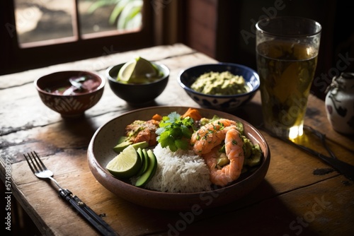 Japanese meal on the table. Sushy of salmon or shrimp with rice and a traditional Oriental drink. Generative AI photo