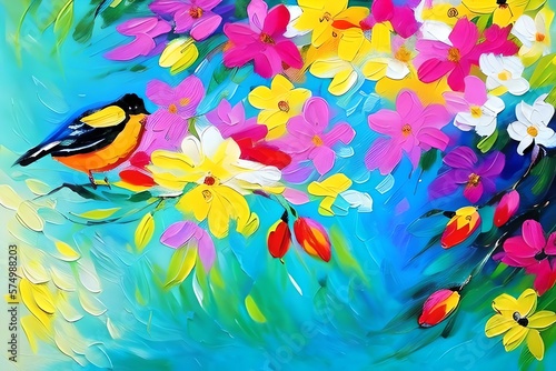 Abstract colorful oil, acrylic painting of bird and spring flower. Modern art paintings brush stroke on canvas. Illustration oil painting, animal and floral for background. Generative AI © Pixel Matrix