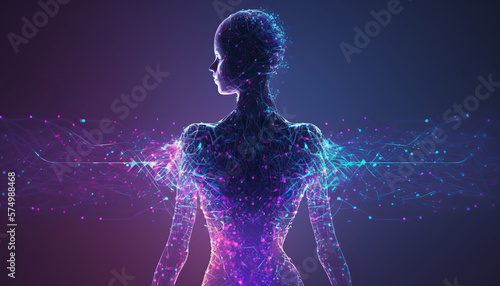 Beautiful close up portrait of female humanoid, digital artificial intelligence concept. Pink and blue neon background. Back view. AI generative image.